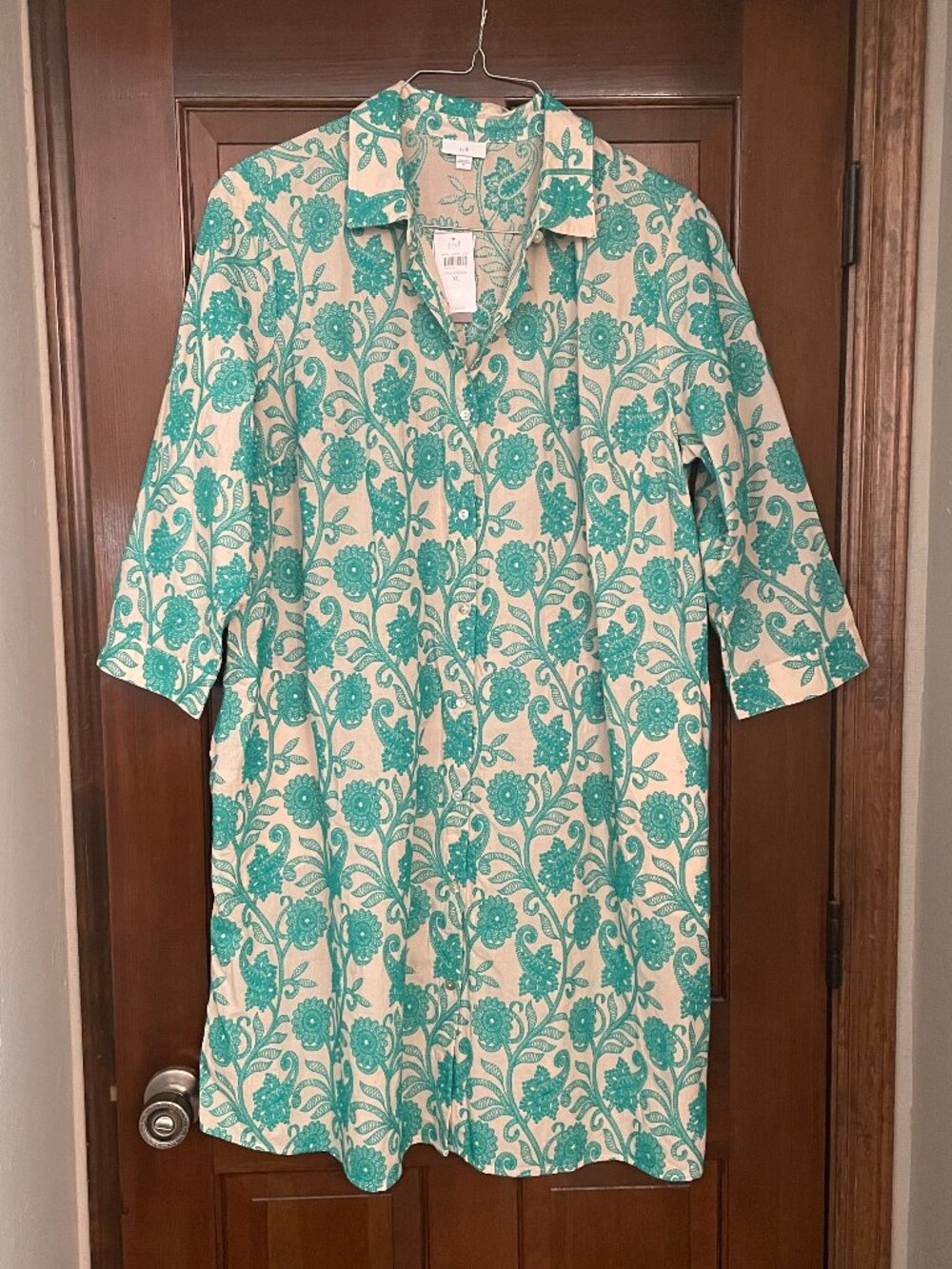 Size XL J. Jill aquamarine green embroidered collared shirt dress with pockets